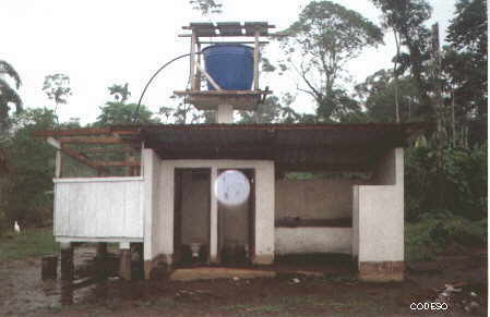 View of the sanitary batteries, distribution tank and above the solar panels